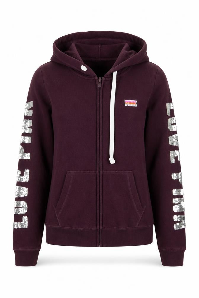 PINK Women's Purple Full Zip Hoodie, S, Sequin Accents