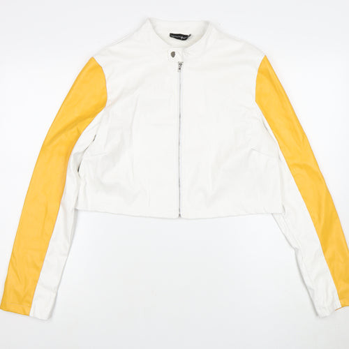 PrettyLittleThing Women's White Yellow Biker Jacket UK 12