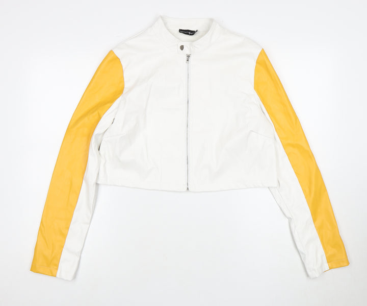 PrettyLittleThing Women's White Yellow Biker Jacket UK 12