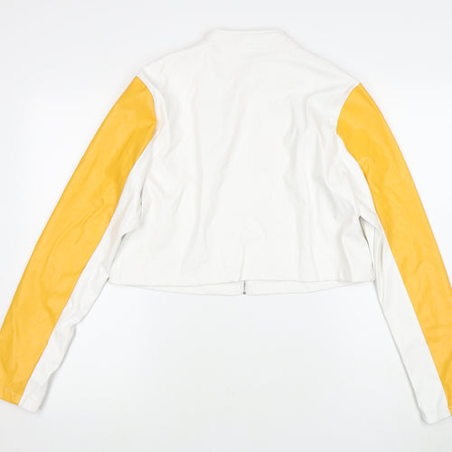 PrettyLittleThing Women's White Yellow Biker Jacket UK 12