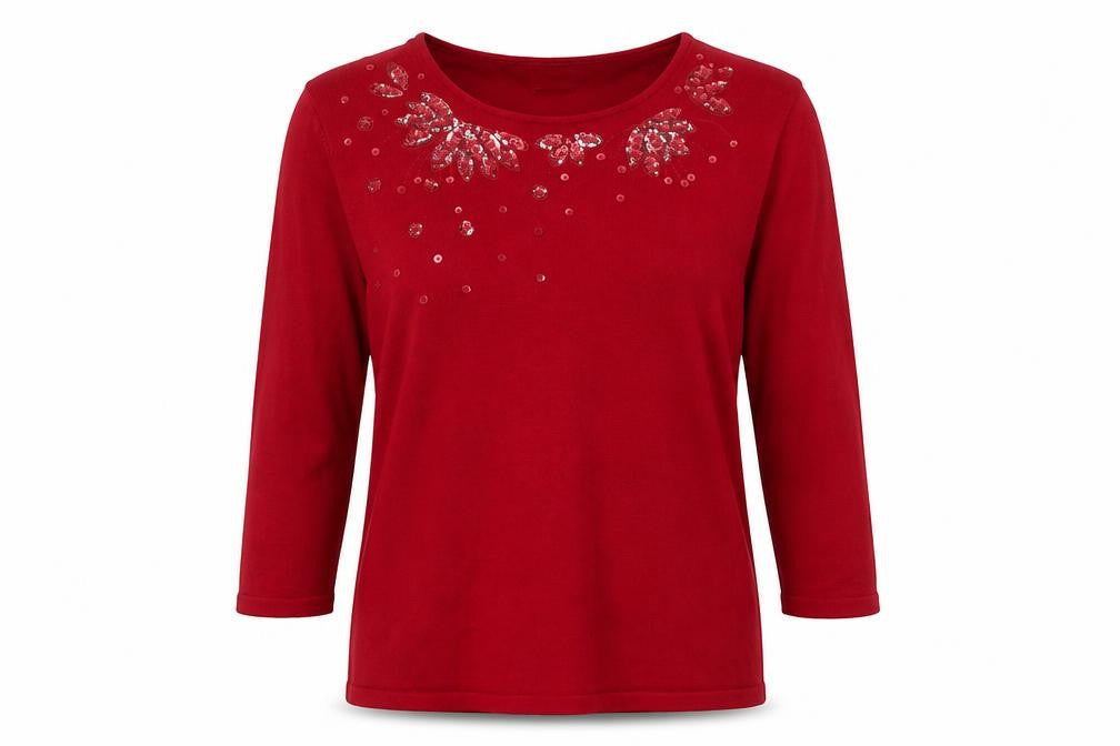 Front view of Eastex Women's Red Sequin jumper, size 10