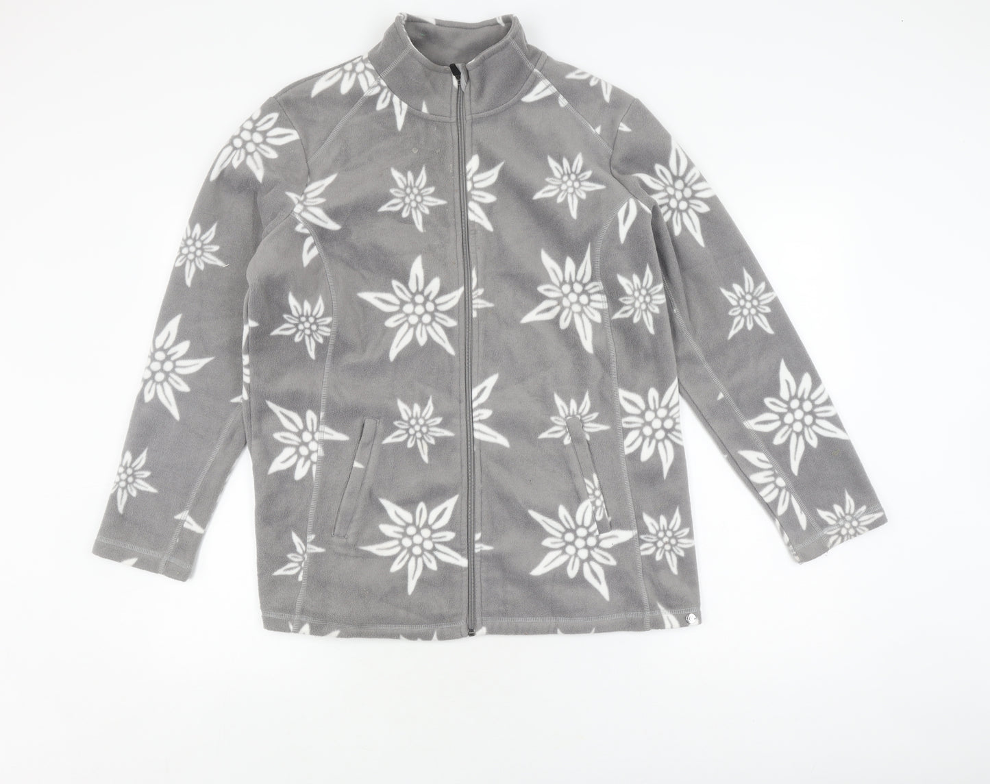 Damart Grey Floral Fleece Jacket, Size 12, Full Zip Women's