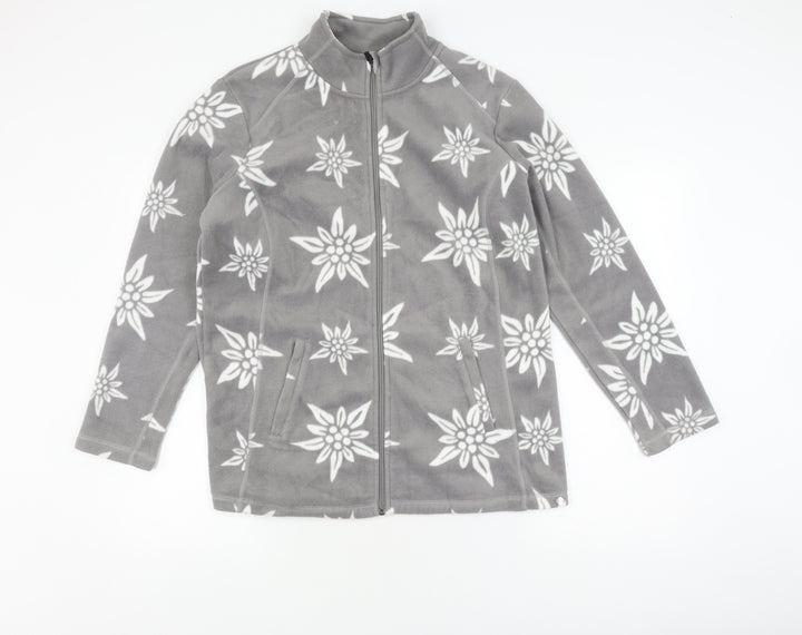 Damart Grey Floral Fleece Jacket, Size 12, Full Zip Women's