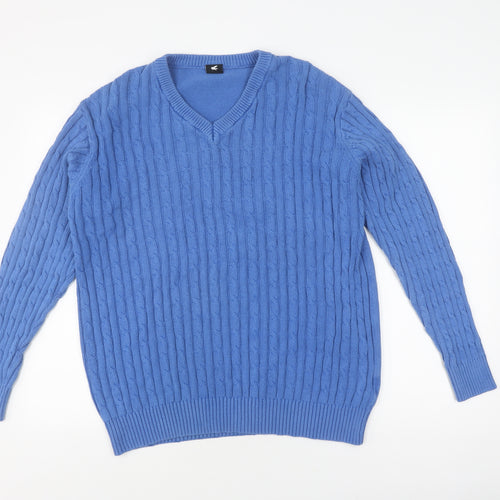 Pegasus Men's Blue V-Neck Cable-Knit Jumper L
