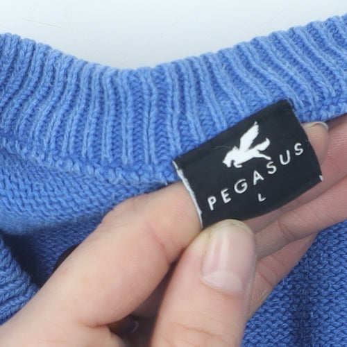Pegasus Men's Blue V-Neck Cable-Knit Jumper L