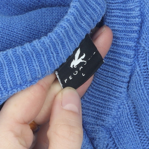 Pegasus Men's Blue V-Neck Cable-Knit Jumper L