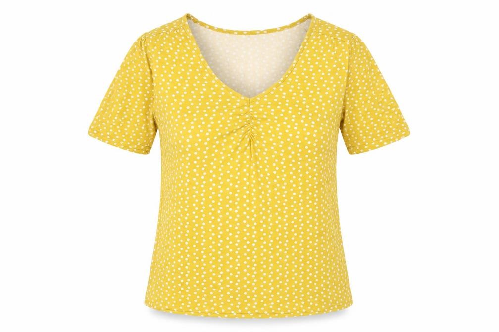 Front view of Khost Women's Yellow Polka Dot V-Neck T-Shirt, size 10
