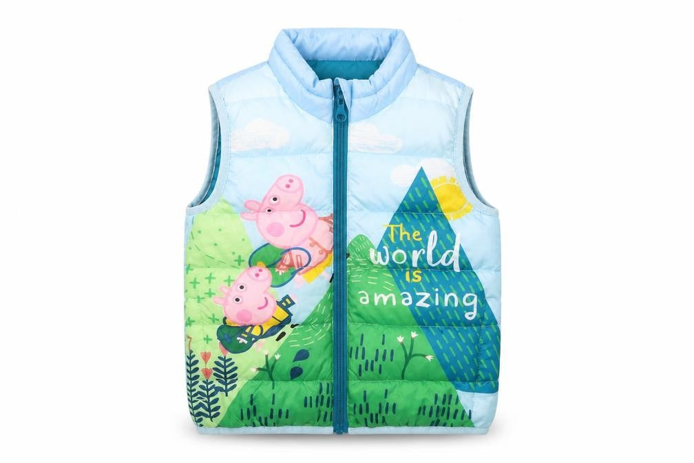 Front view of Peppa Pig unisex kids blue puffer jacket 2-3 years