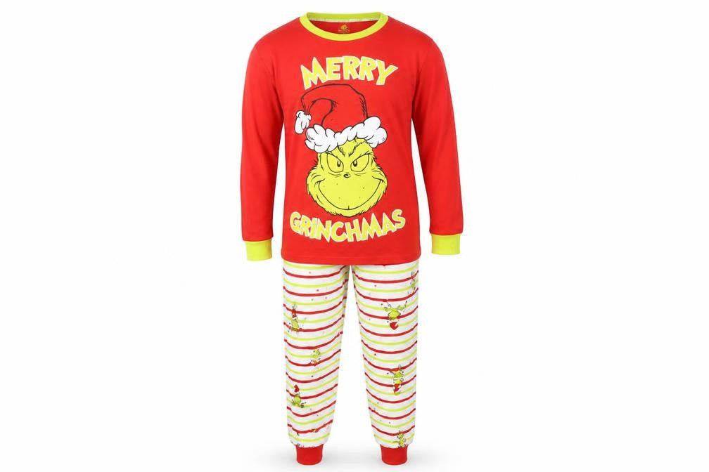 Front view of The Grinch Pyjama Set unisex adults red l christmas