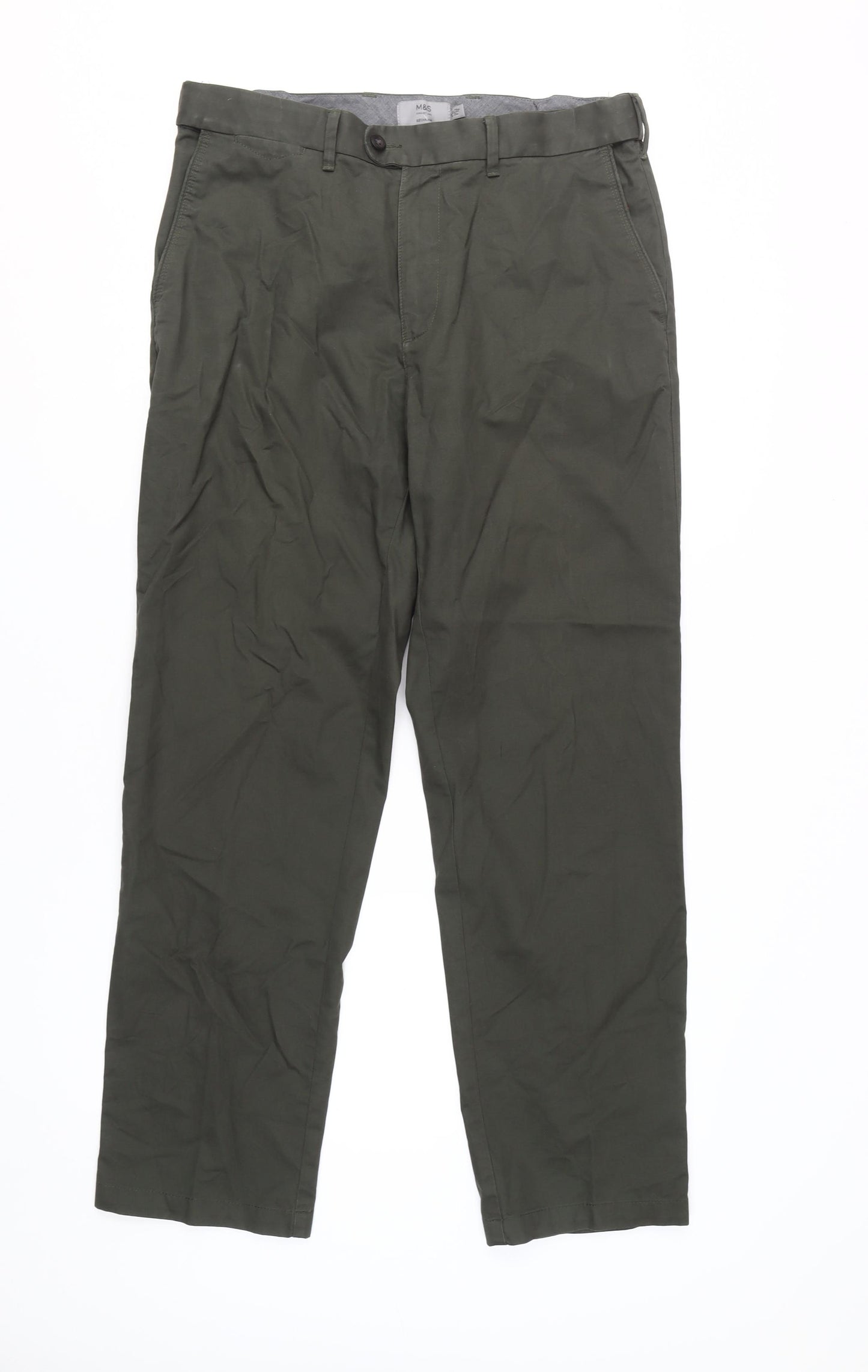 Marks and Spencer Men's Green Chino Trousers, Size 34 Regular