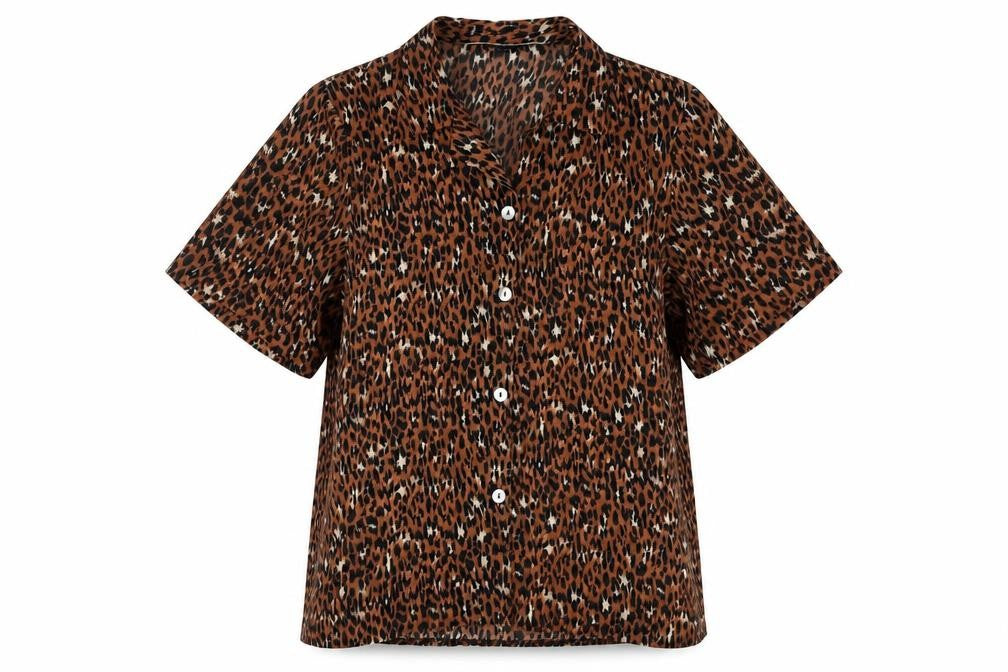 Front view of The Collection Women's Brown Animal Print Button-Up Shirt