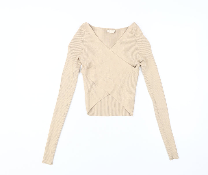 H&M Women's Beige Wrap V-Neck Knit Blouse Size 6