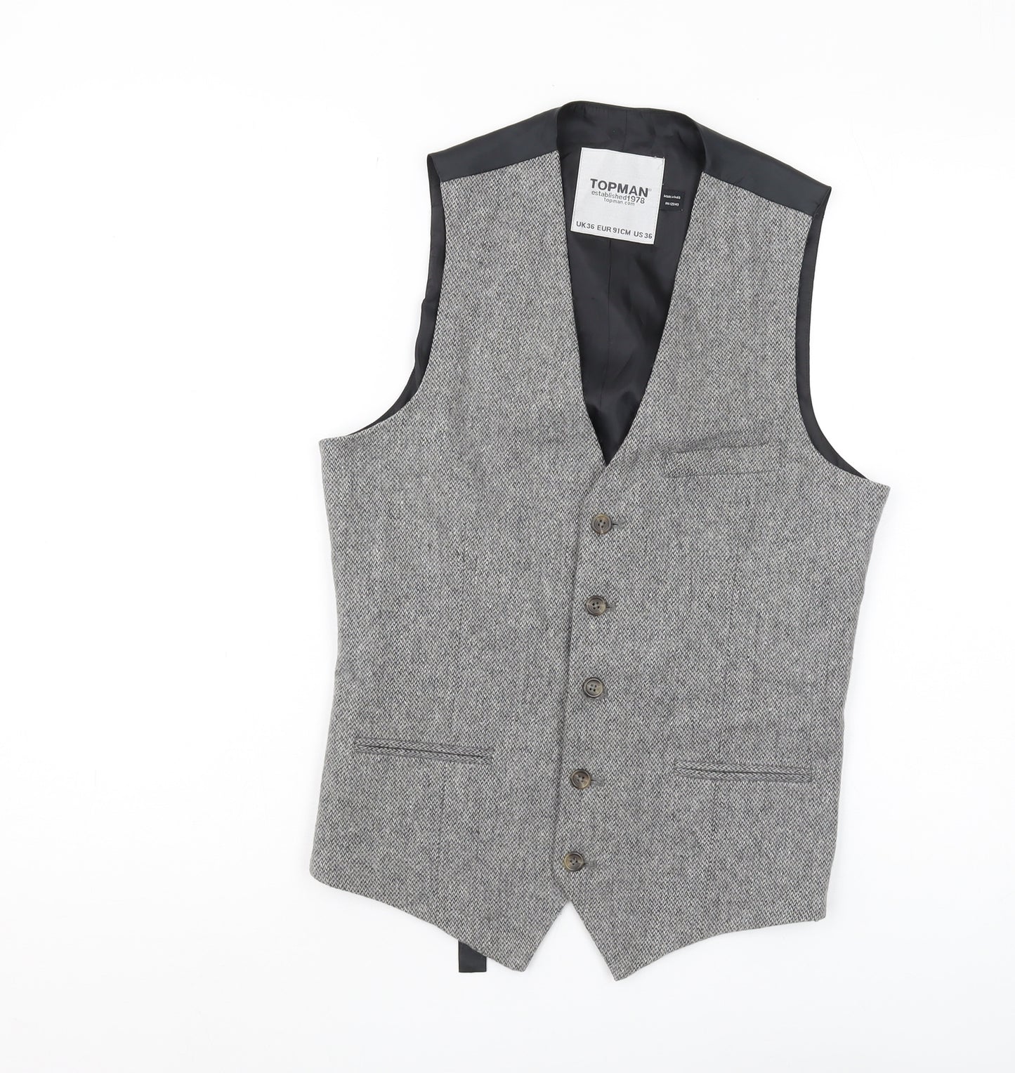 Topman Grey Tweed Waistcoat, Men's 36, Classic Style