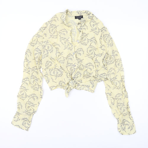 Topshop Women's Yellow Floral Cropped Button-Up Shirt
