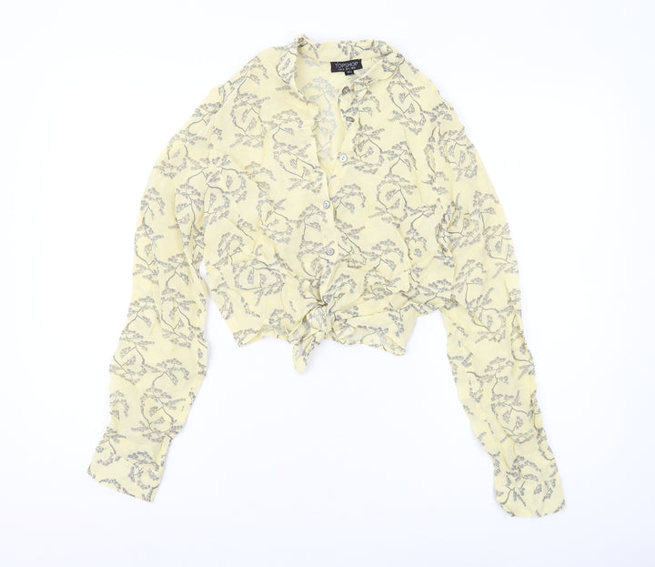 Topshop Women's Yellow Floral Cropped Button-Up Shirt