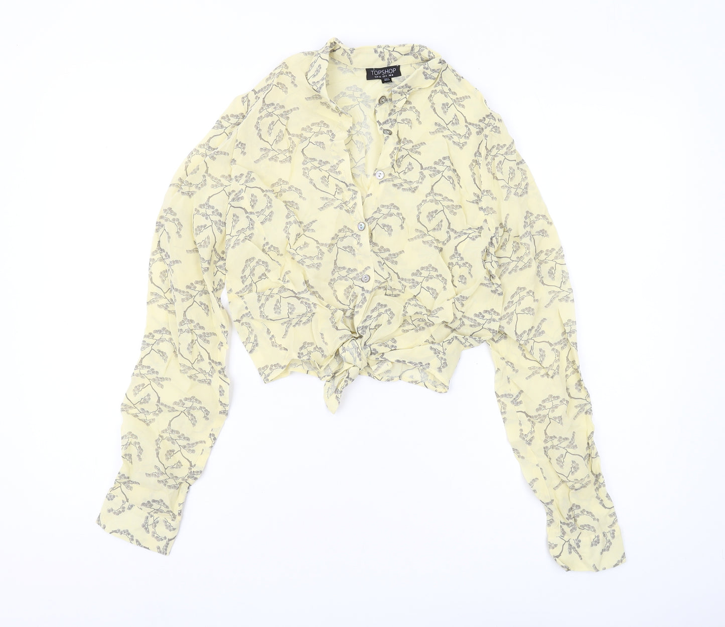 Topshop Women's Yellow Floral Cropped Button-Up Shirt