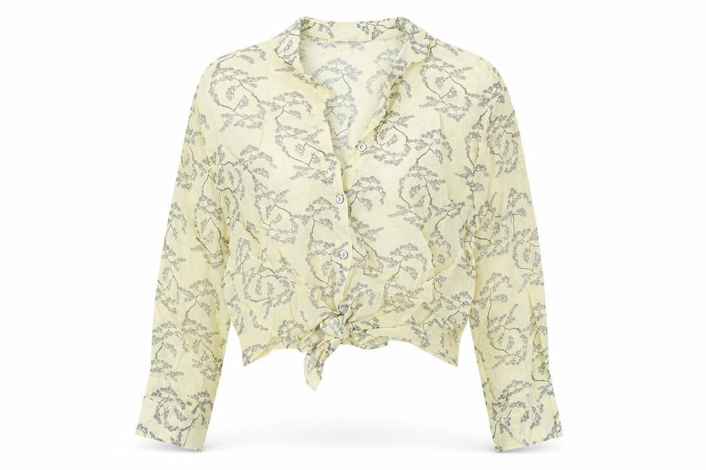Front view of Topshop Women's Yellow Floral Cropped Button-Up Shirt