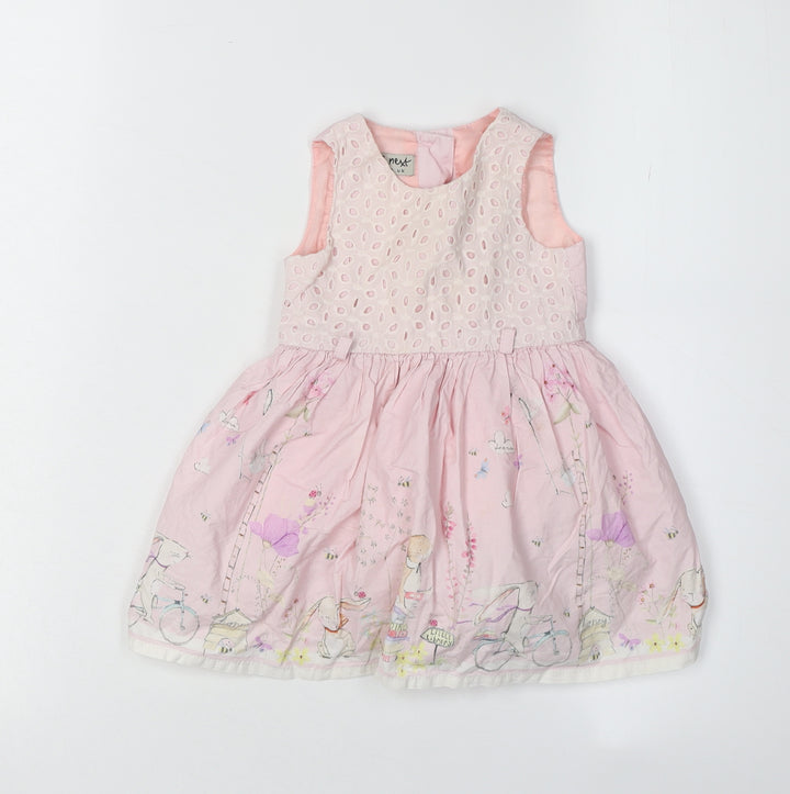 Next Girls Pink A-Line Dress, 6-9 Months, Floral Embroidery