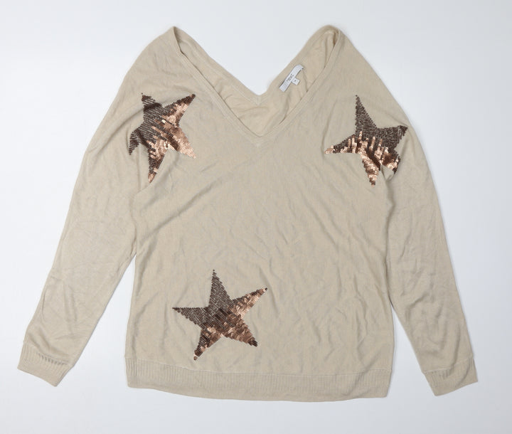 Next Women's Beige Sequin Star V-Neck Pullover M