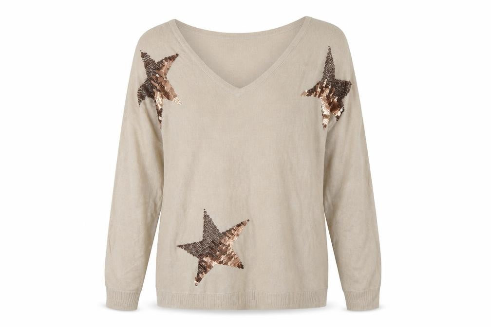 Front view of Next Women's Beige Sequin Star V-Neck Pullover M
