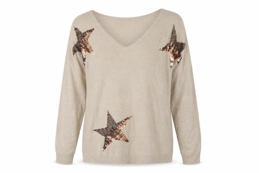 Front view of Next Women's Beige Sequin Star V-Neck Pullover M