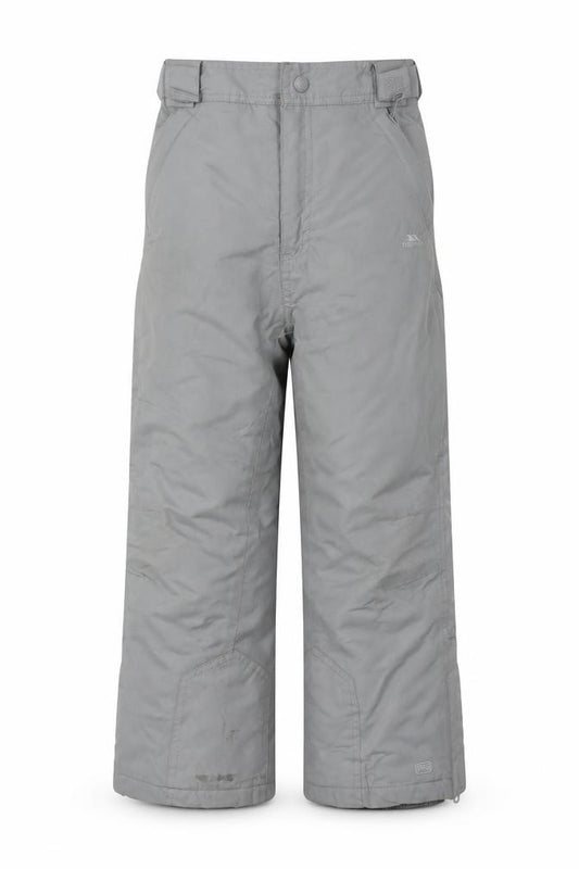 Front view of Trespass boys’' grey snow pants, size 5, waterproof winter trousers