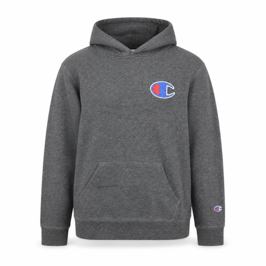 Front view of Champion unisex grey hoodie l pullover logo casual