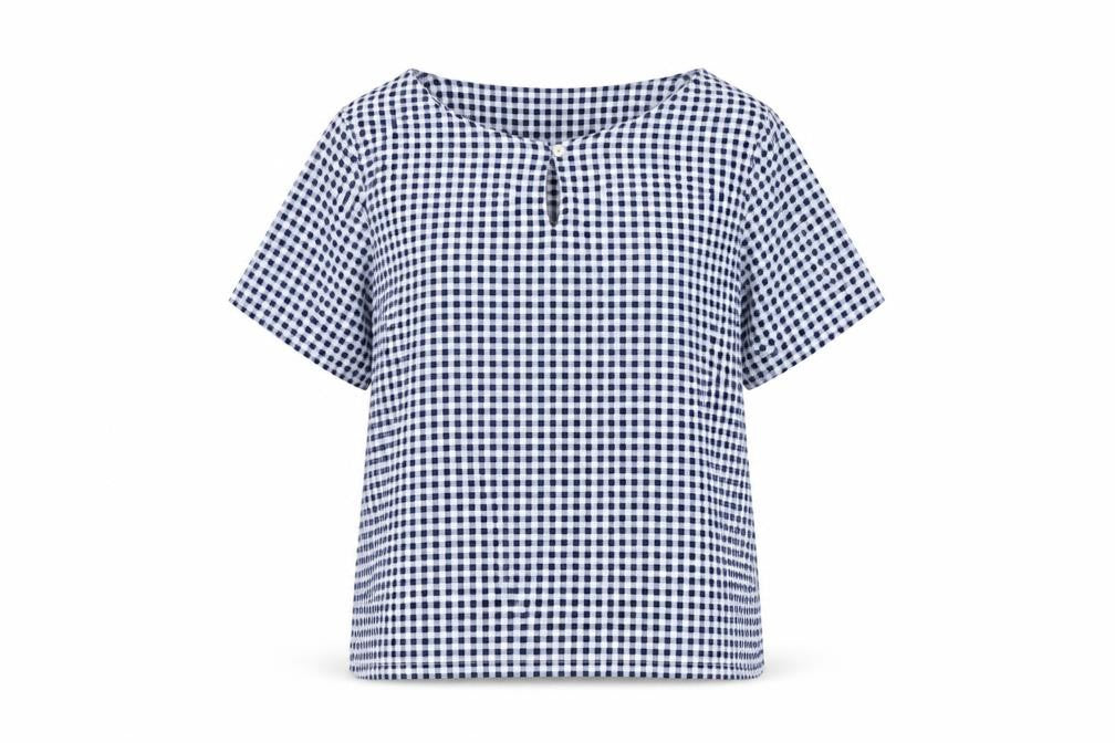 Front view of Laura Ashley Women's Blue Check Blouse, size 10