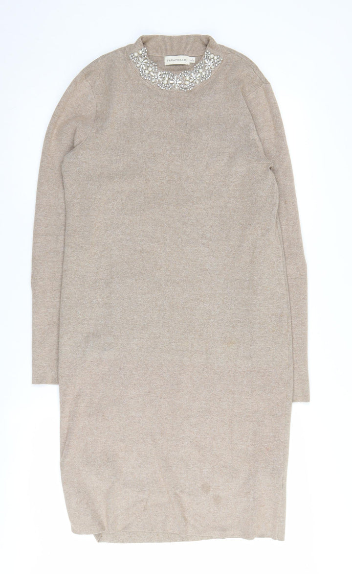 Paraphrase Women's Beige Long Sleeve Beaded Shift Dress