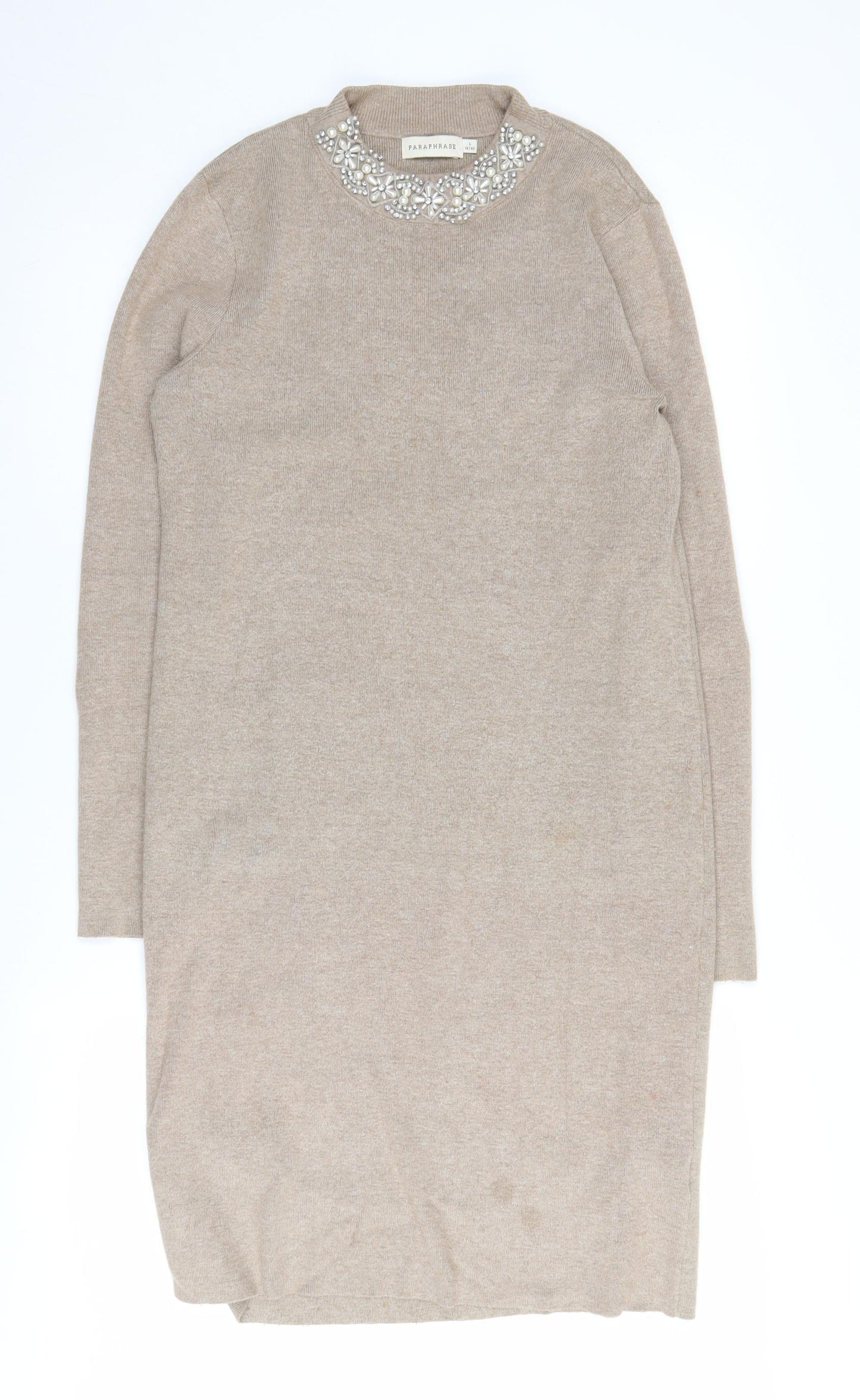 Paraphrase Women's Beige Long Sleeve Beaded Shift Dress