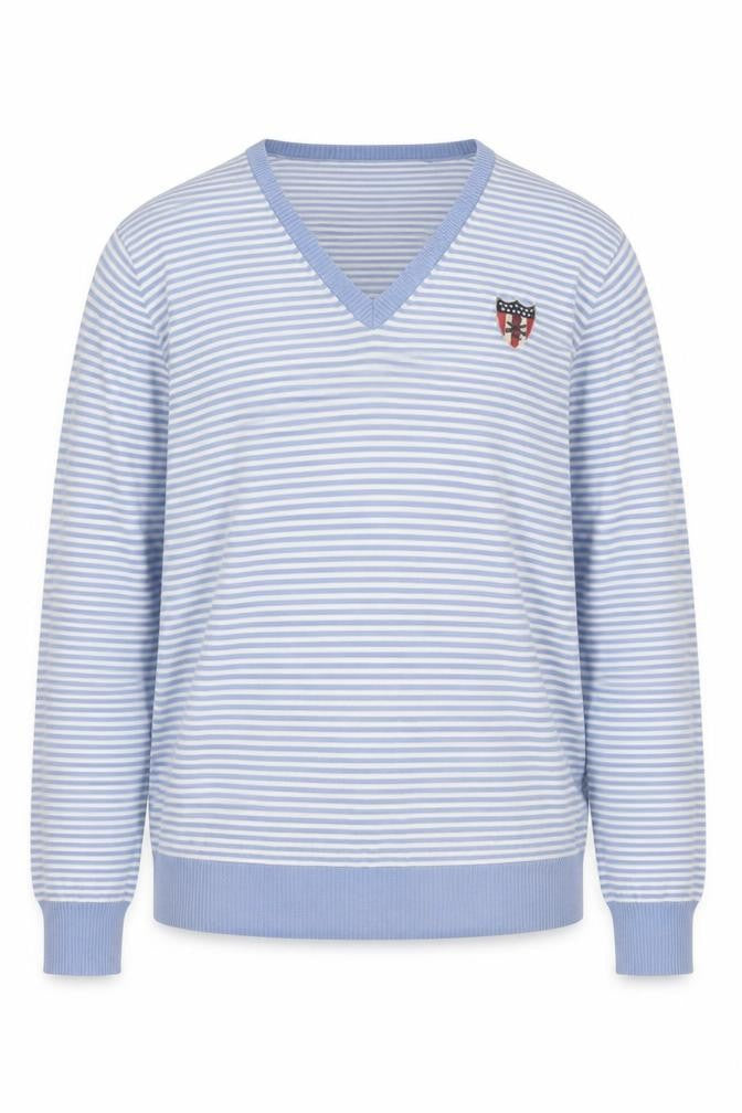 Front view of Polo Jeans Ralph Lauren Men's Blue Striped Pullover L