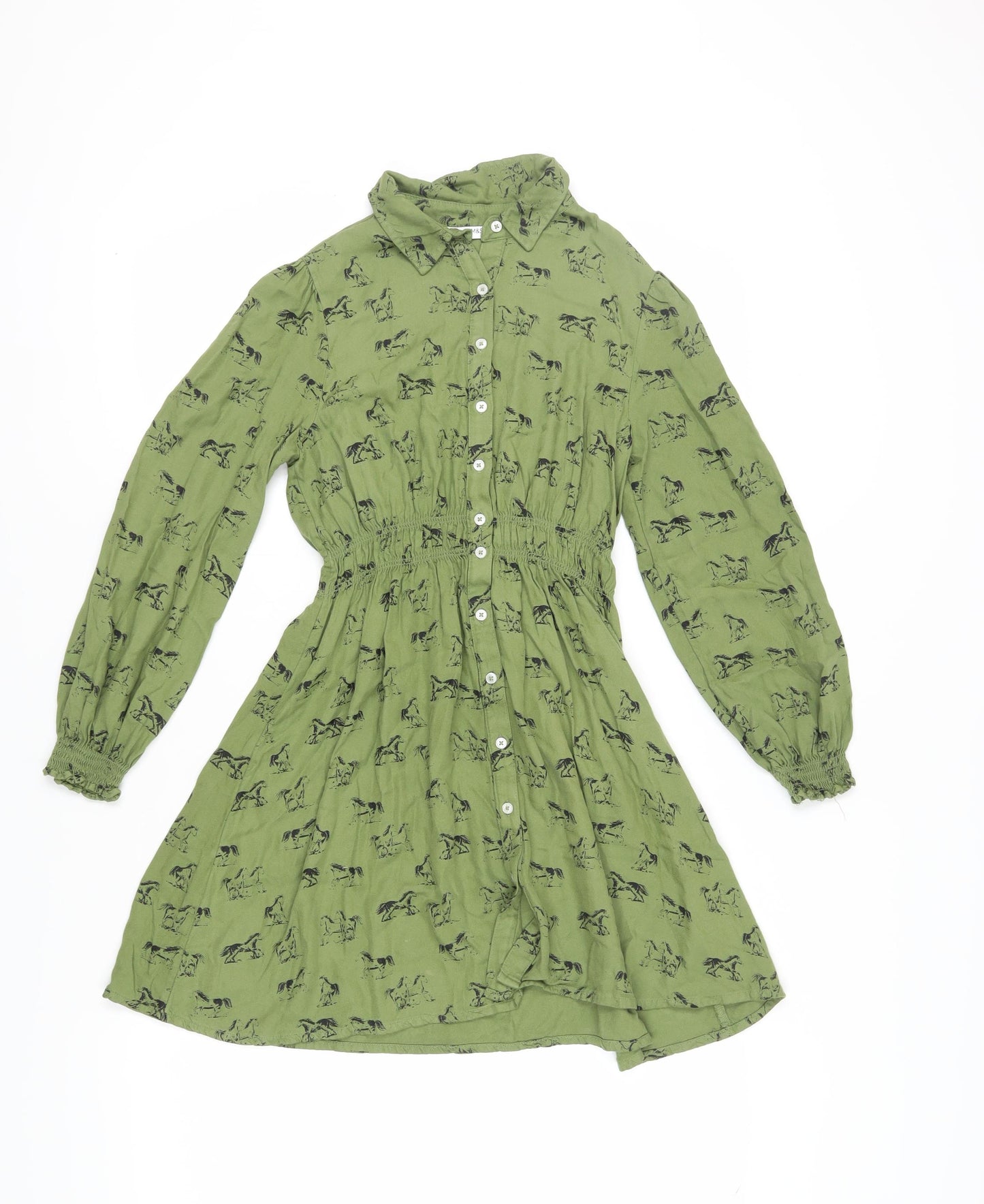 Marks and Spencer Girls Green Animal Print Shirt Dress 11-12Y