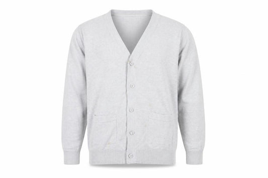 Front view of Cotton Traders Men's Grey Cardigan, size L, V-Neck
