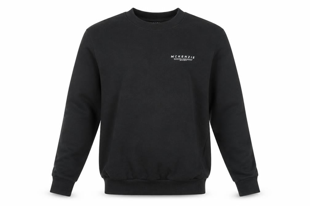 Front view of McKenzie Men's Black Crew Neck Sweatshirt, size S