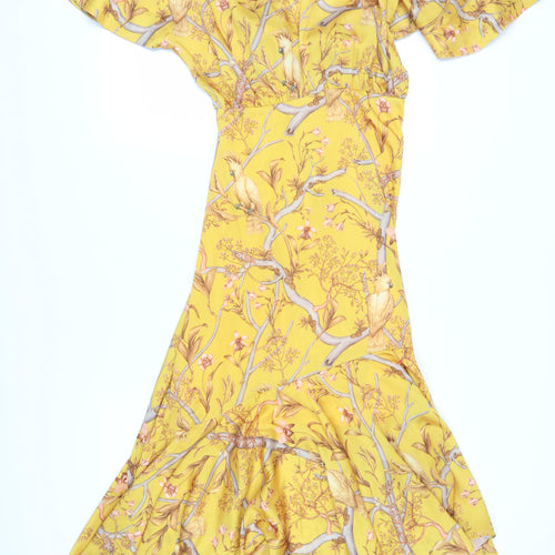 H&M Women's Yellow Mermaid Dress Size 12 - Flutter Sleeve, V-Neck