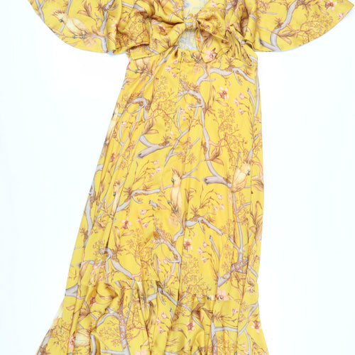 H&M Women's Yellow Mermaid Dress Size 12 - Flutter Sleeve, V-Neck