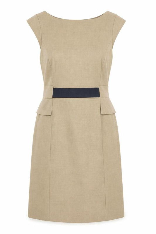 Front view of Laura Ashley Women's Beige Shift Dress, size 14