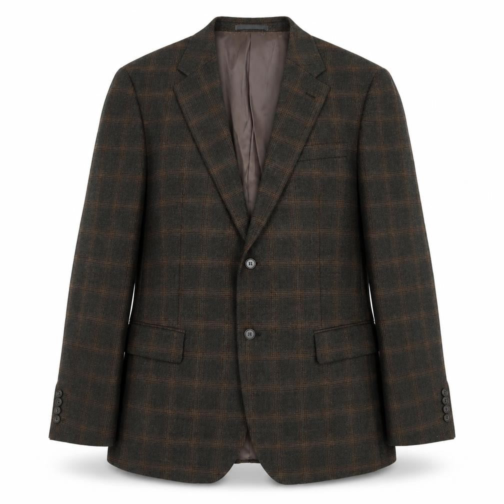 Front view of Greenwoods Elite Men's Brown Plaid Blazer, size 46R