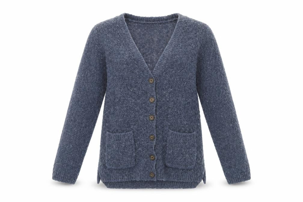 Front view of Next Blue Cardigan for girls’, size 7, winter warmth