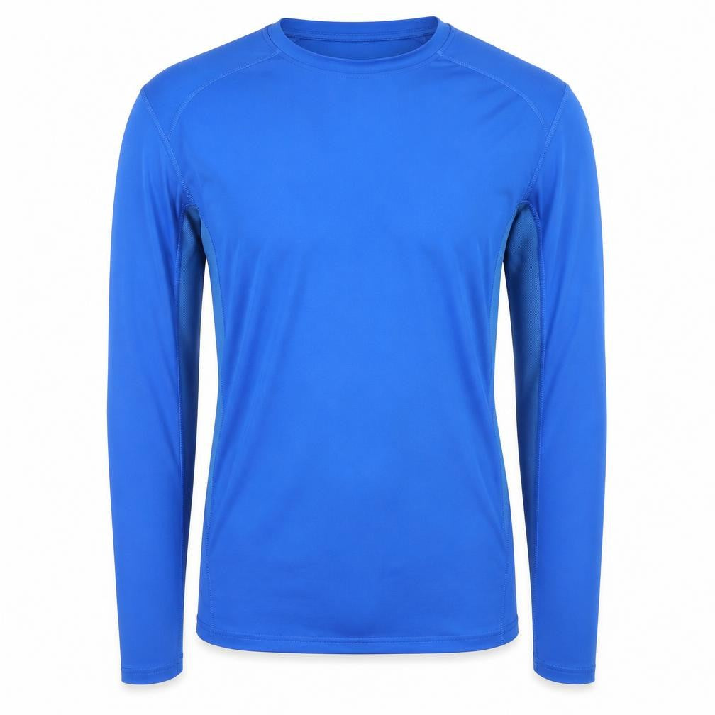 Front view of Sondico Men's Blue Long Sleeve Athletic Pullover T-Shirt