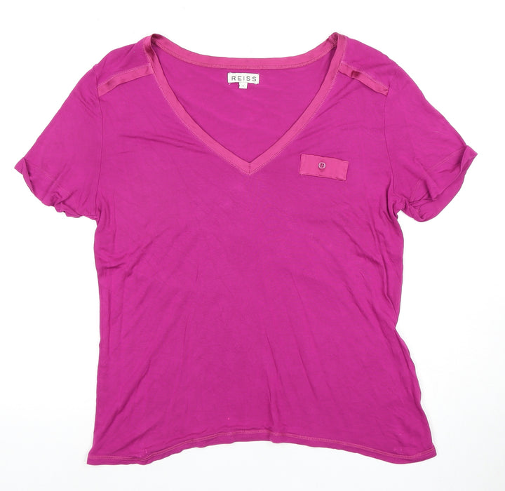 Reiss Women's Pink V-Neck T-Shirt, Size L, Button Accent