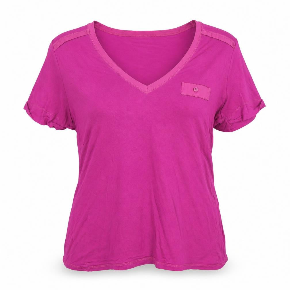 Front view of Reiss Women's Pink V-Neck T-Shirt, size L, Button Accent