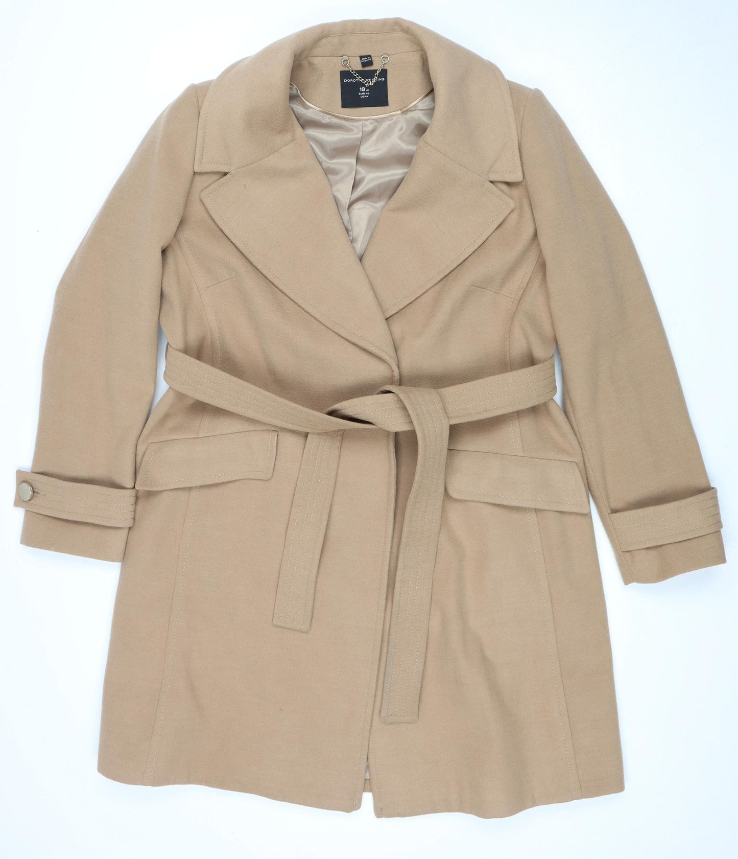Dorothy Perkins Beige Wool Belted Women's Coat Size 18