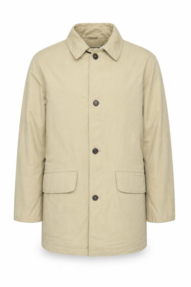 Front view of Bush Men's Beige Overcoat, XL, Collared, Casual Style