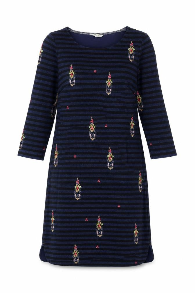 White Stuff Women’s Blue Striped Embroidered Dress Size 6