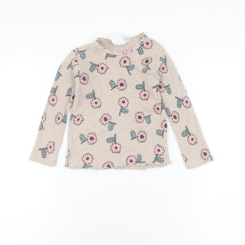 Zara Girls Beige Floral Long Sleeve T-Shirt, 2-3 Years