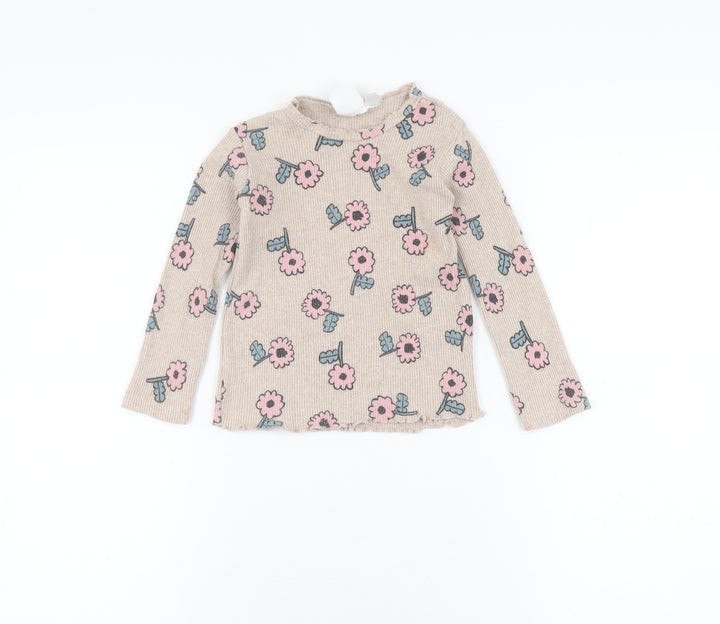 Zara Girls Beige Floral Long Sleeve T-Shirt, 2-3 Years