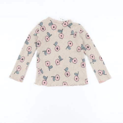 Zara Girls Beige Floral Long Sleeve T-Shirt, 2-3 Years