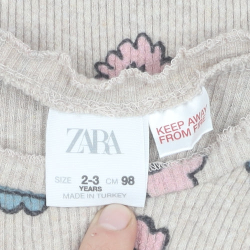 Zara Girls Beige Floral Long Sleeve T-Shirt, 2-3 Years