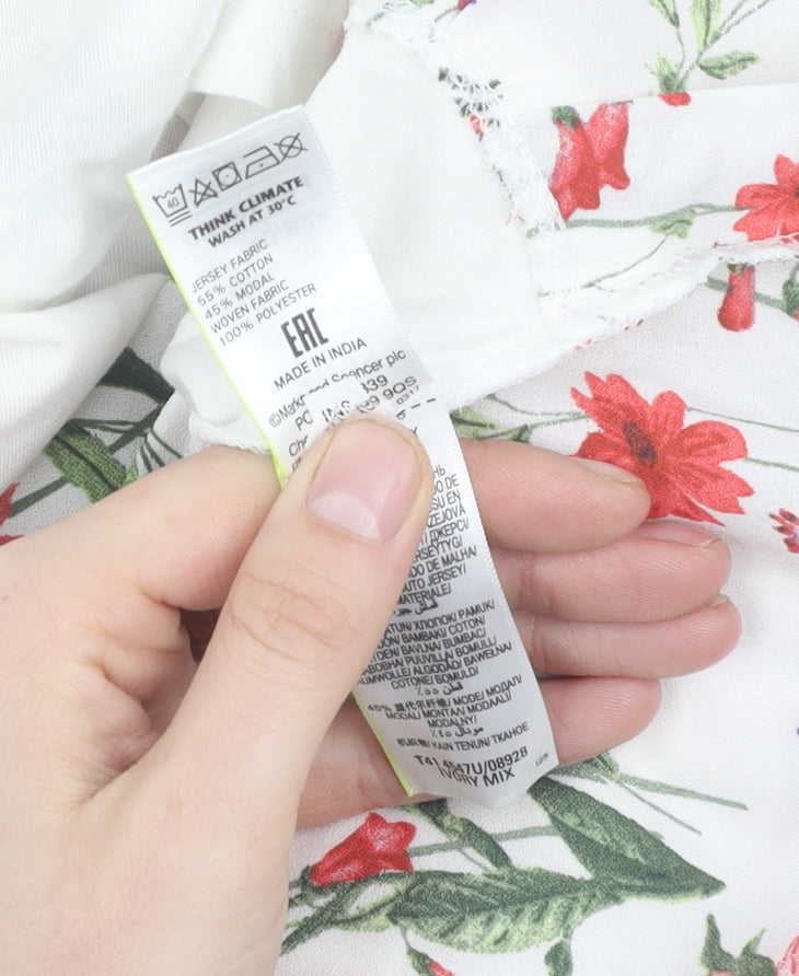 Marks and Spencer Women White Floral T-Shirt Size 8